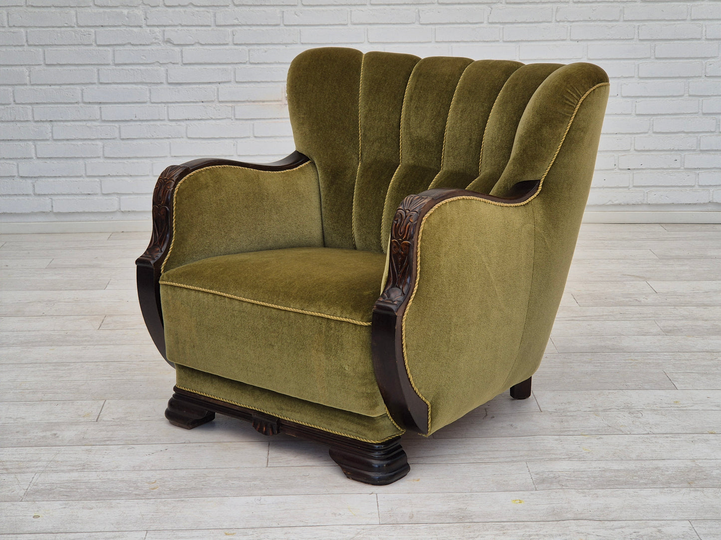 1950s, Danish vintage chair, furniture velour, oak wood.