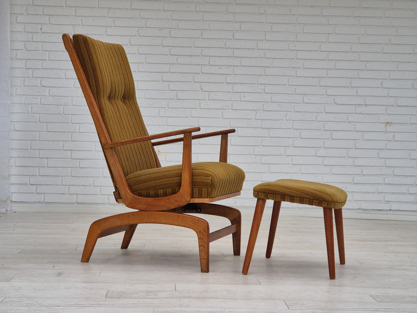 1960s, Danish design, oak wood rocking chair with footstool, furniture wool, original condition.