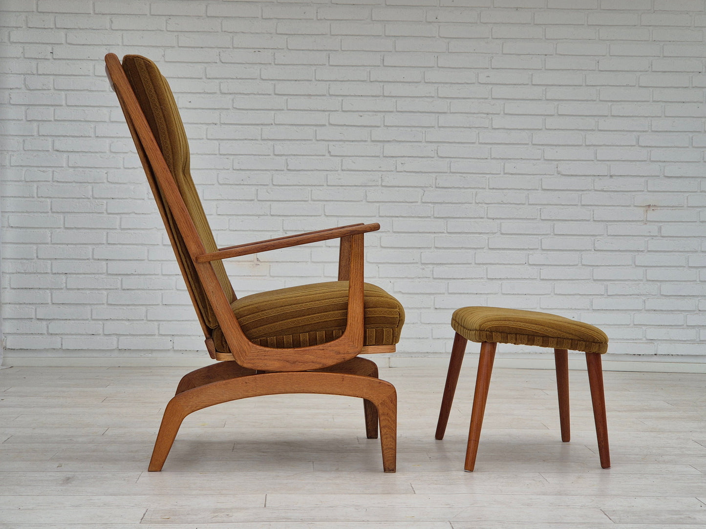 1960s, Danish design, oak wood rocking chair with footstool, furniture wool, original condition.