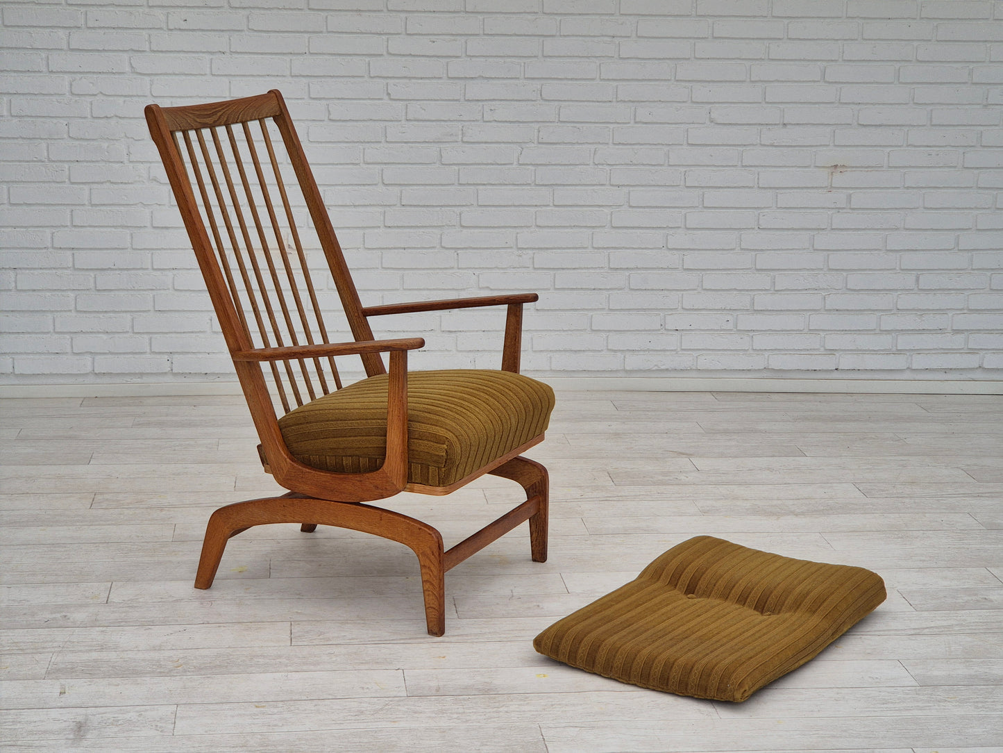 1960s, Danish design, oak wood rocking chair with footstool, furniture wool, original condition.