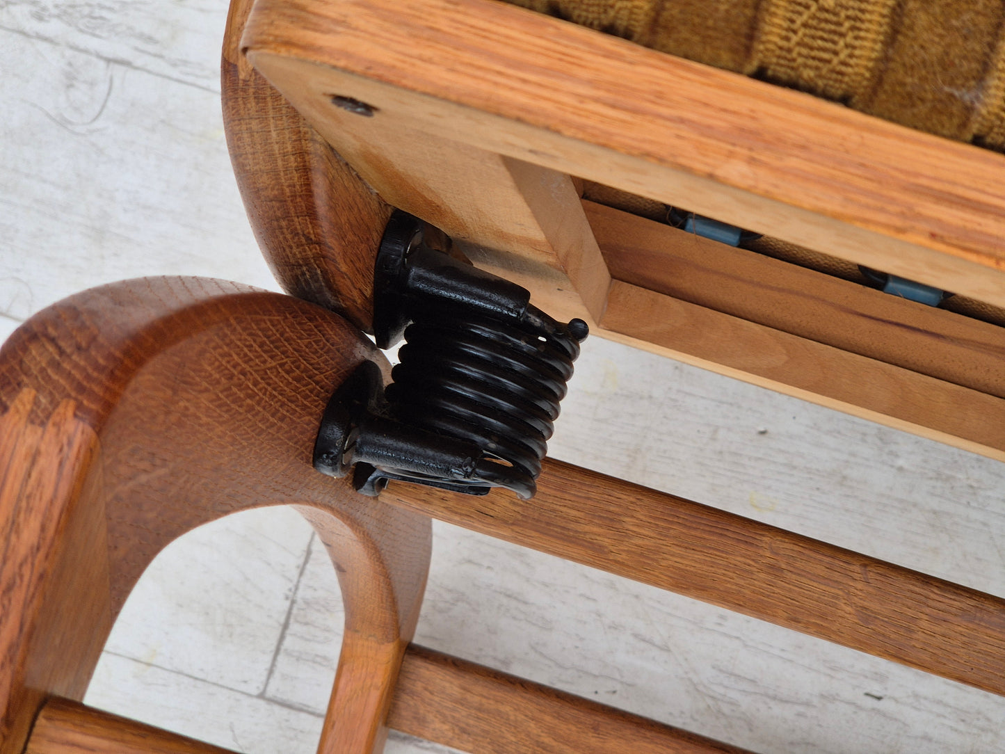 1960s, Danish design, oak wood rocking chair with footstool, furniture wool, original condition.