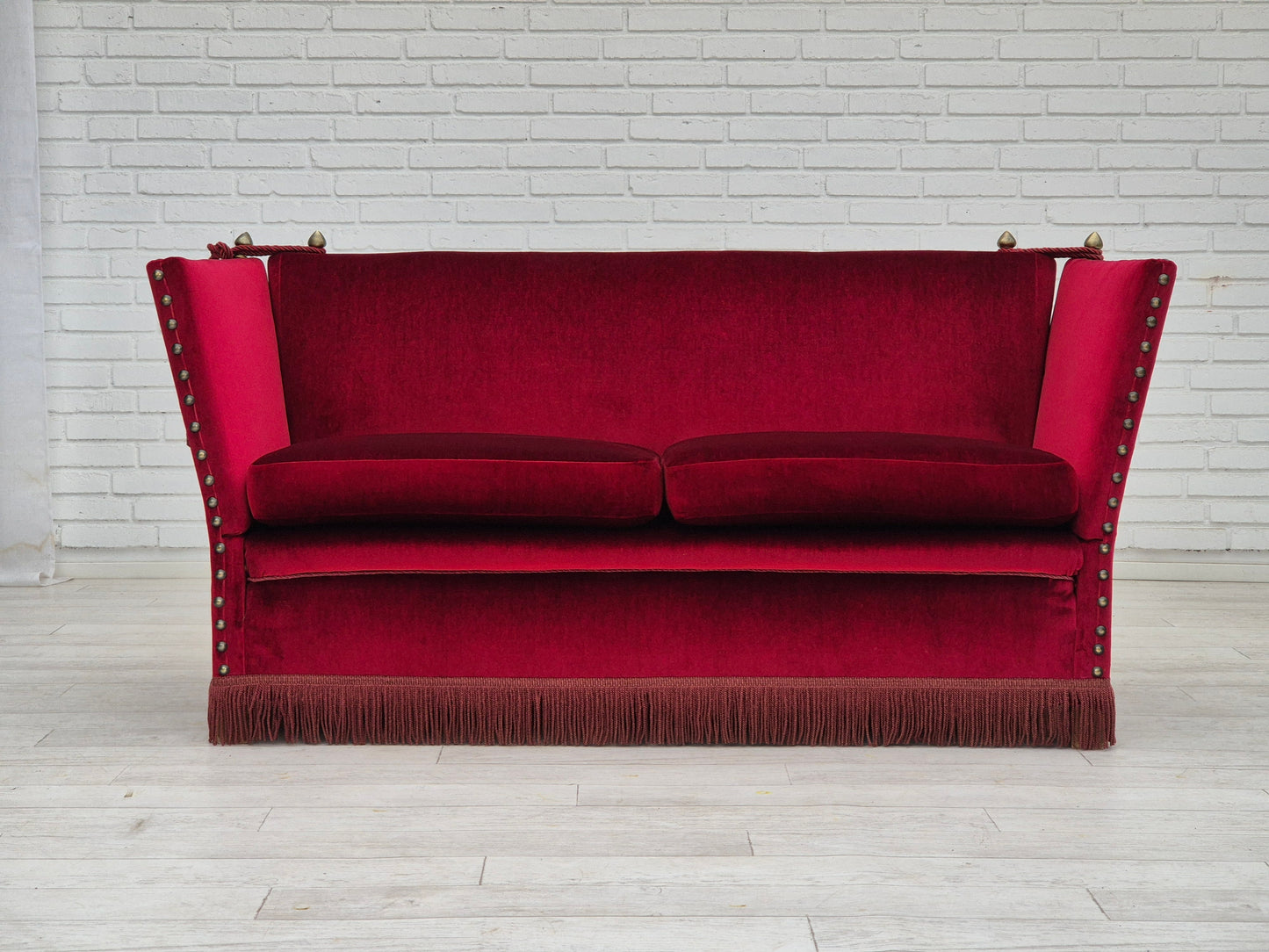 1960s, Danish velour 2 seater drop arm sofa, cherry-red velour, original condition.