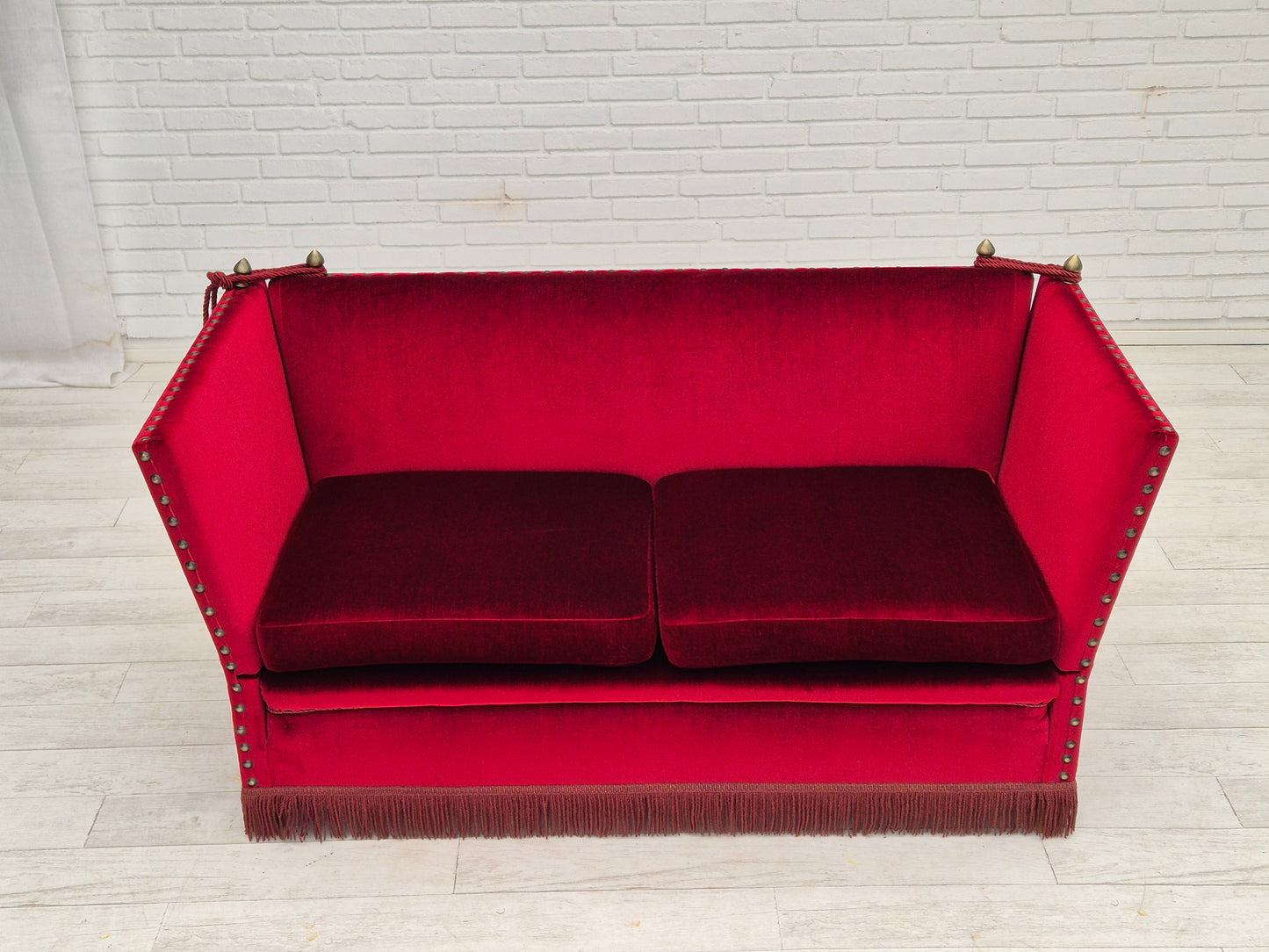 1960s, Danish velour 2 seater drop arm sofa, cherry-red velour, original condition.