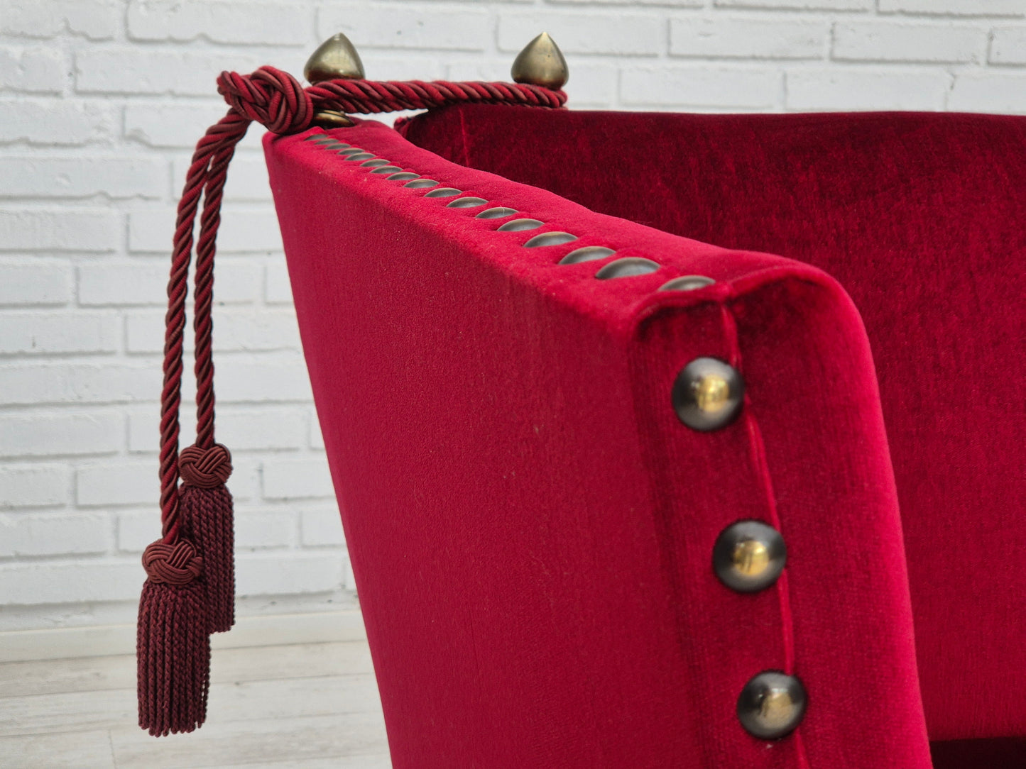 1960s, Danish velour 2 seater drop arm sofa, cherry-red velour, original condition.