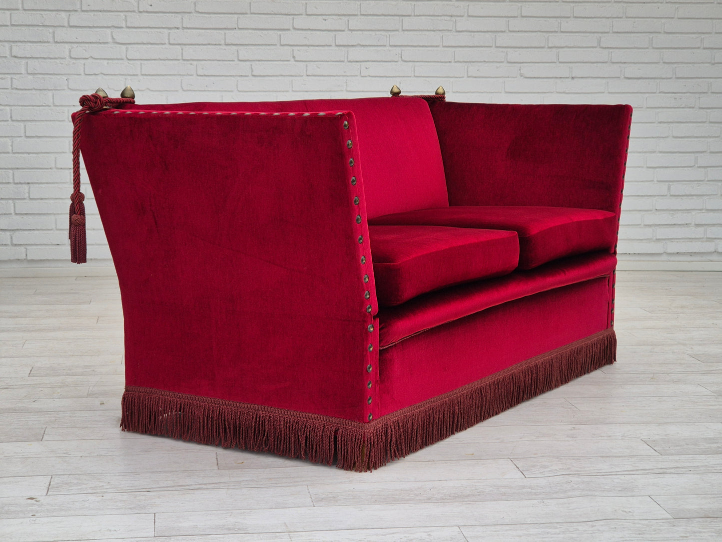 1960s, Danish velour 2 seater drop arm sofa, cherry-red velour, original condition.