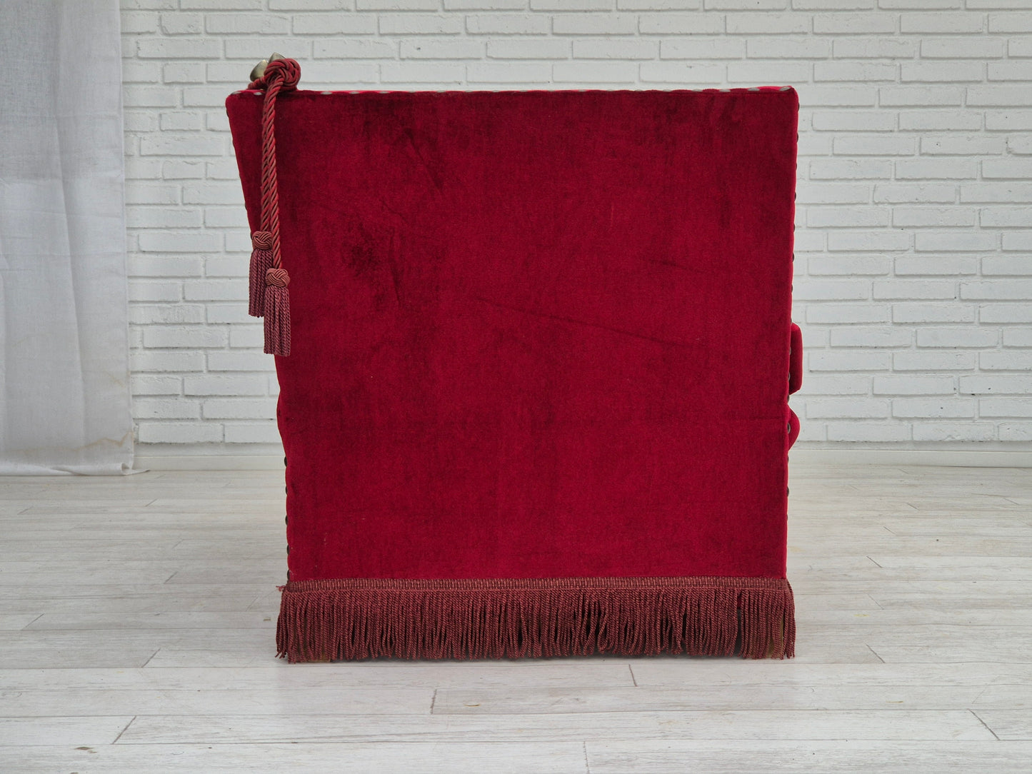 1960s, Danish velour 2 seater drop arm sofa, cherry-red velour, original condition.