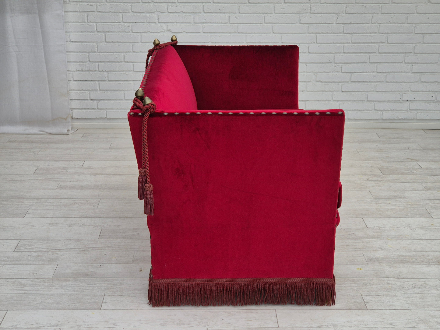 1960s, Danish velour 2 seater drop arm sofa, cherry-red velour, original condition.