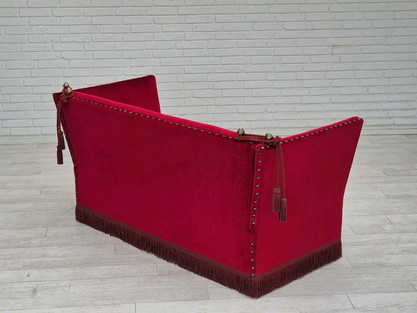 1960s, Danish velour 2 seater drop arm sofa, cherry-red velour, original condition.