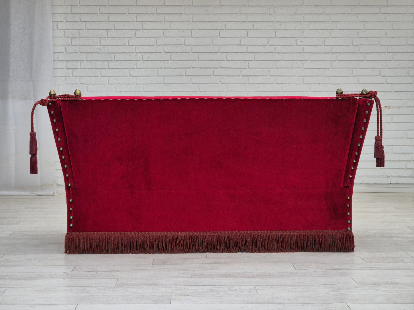 1960s, Danish velour 2 seater drop arm sofa, cherry-red velour, original condition.