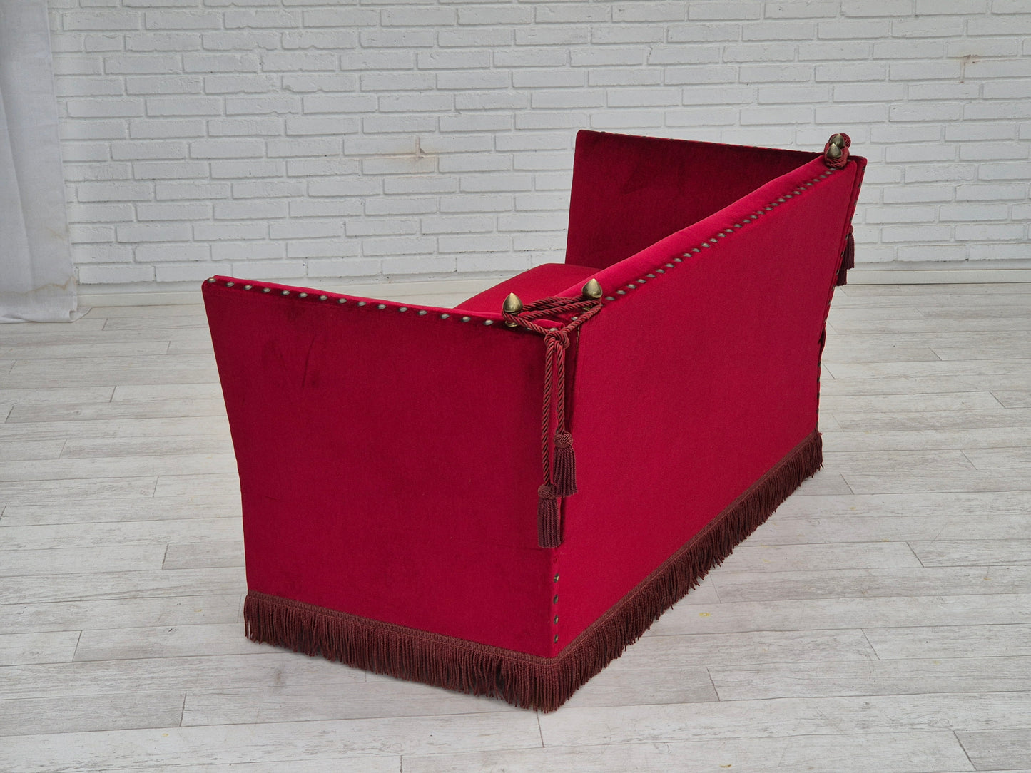 1960s, Danish velour 2 seater drop arm sofa, cherry-red velour, original condition.