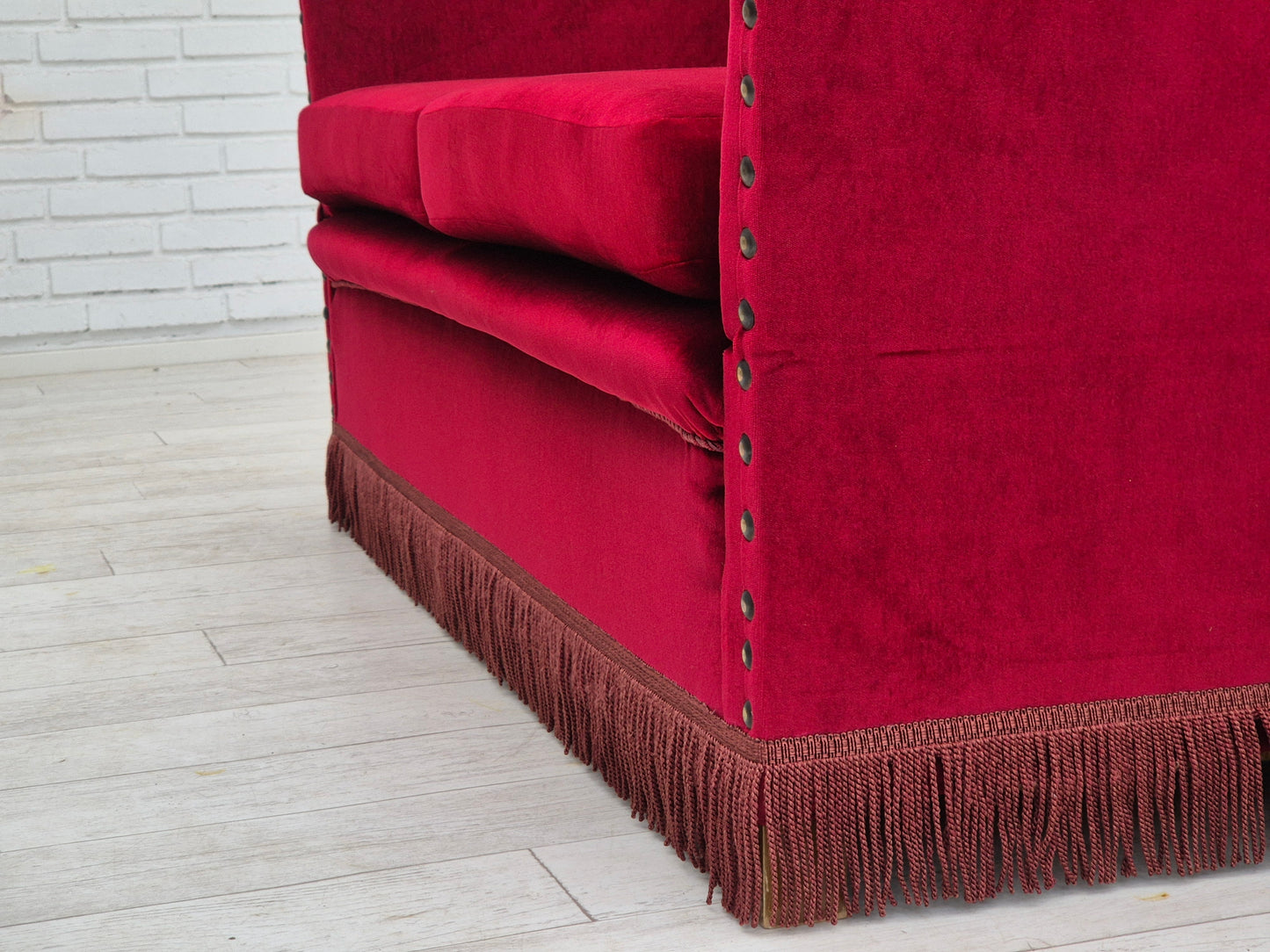 1960s, Danish velour 2 seater drop arm sofa, cherry-red velour, original condition.