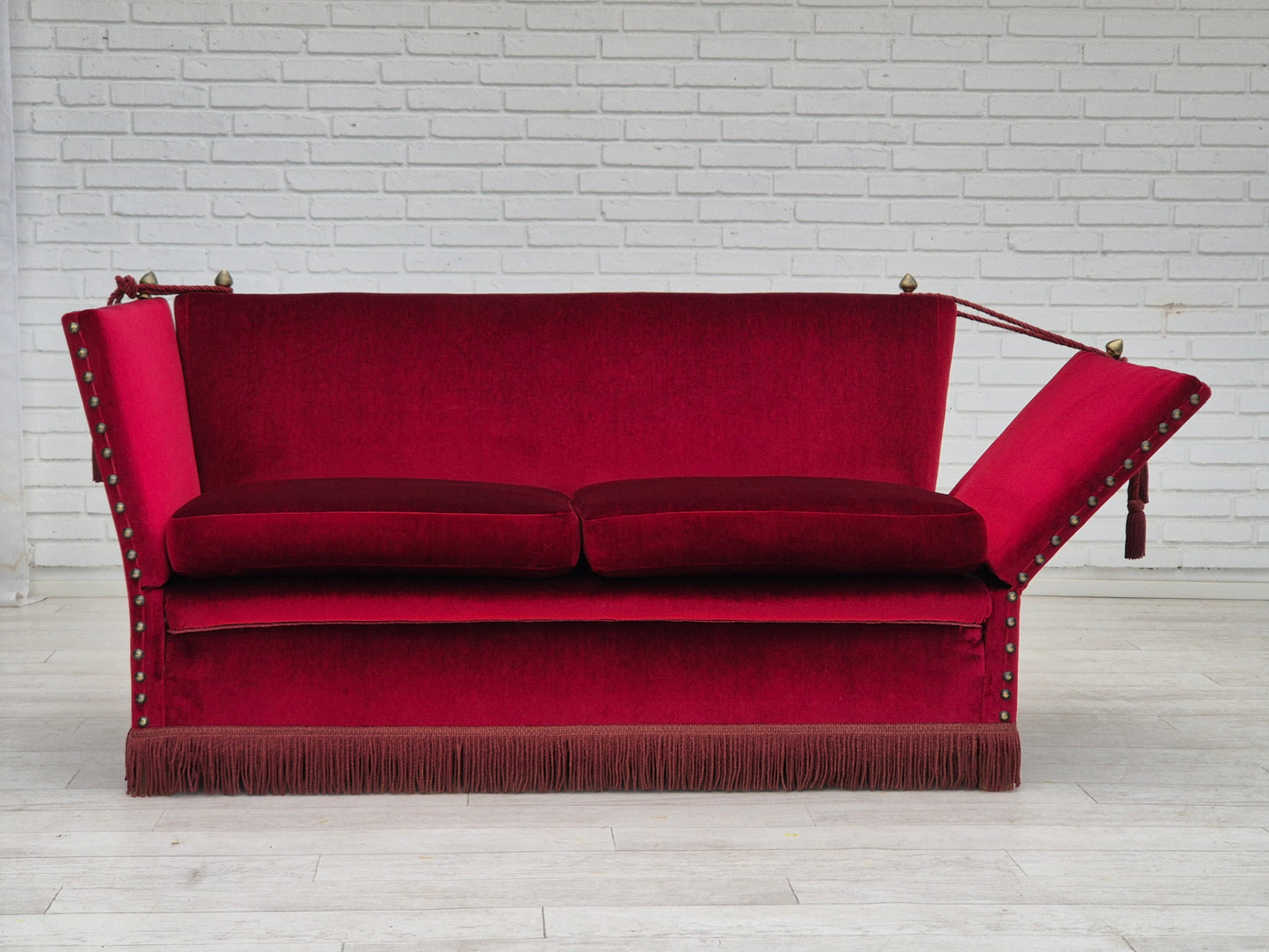 1960s, Danish velour 2 seater drop arm sofa, cherry-red velour, original condition.