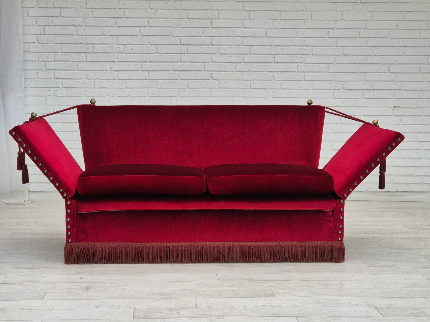 1960s, Danish velour 2 seater drop arm sofa, cherry-red velour, original condition.