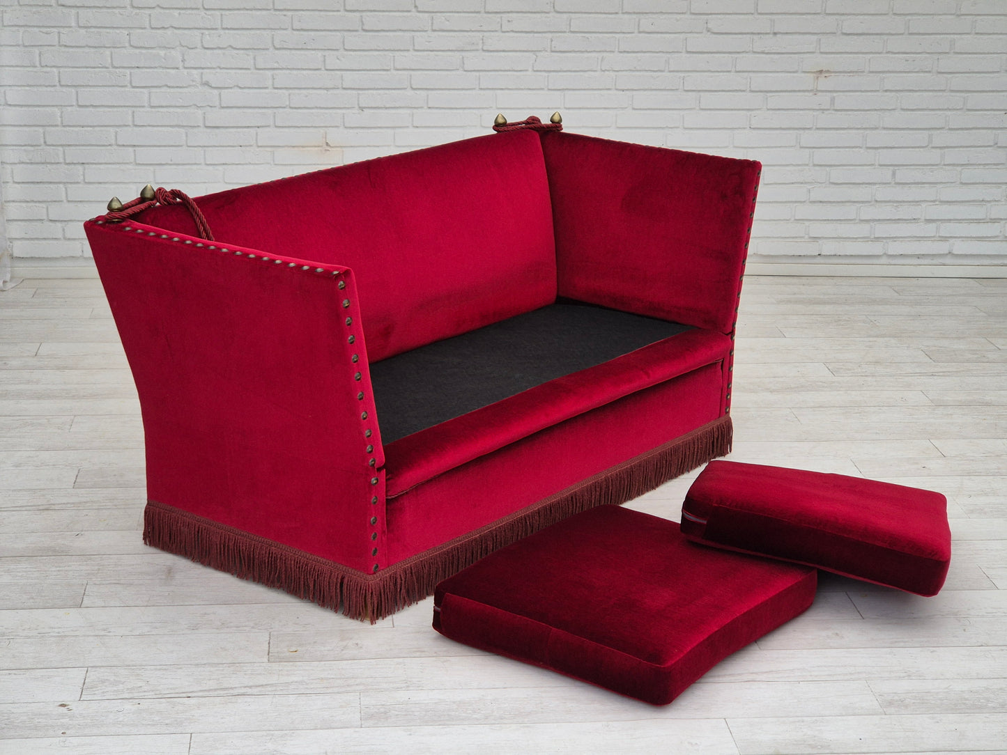 1960s, Danish velour 2 seater drop arm sofa, cherry-red velour, original condition.