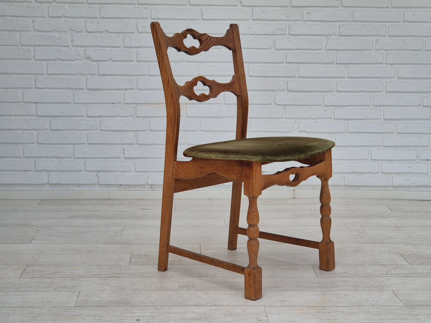 1970s, set of 4 Danish dining chairs, original condition, oak wood, furniture velour.