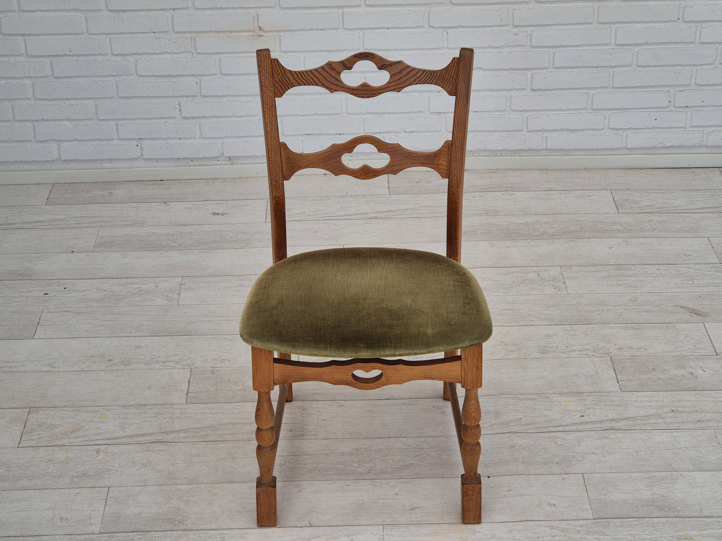 1970s, set of 4 Danish dining chairs, original condition, oak wood, furniture velour.