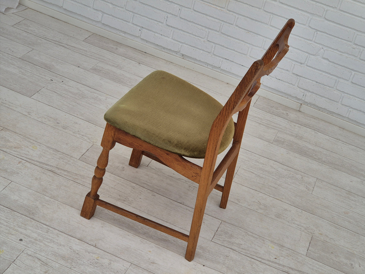 1970s, set of 4 Danish dining chairs, original condition, oak wood, furniture velour.