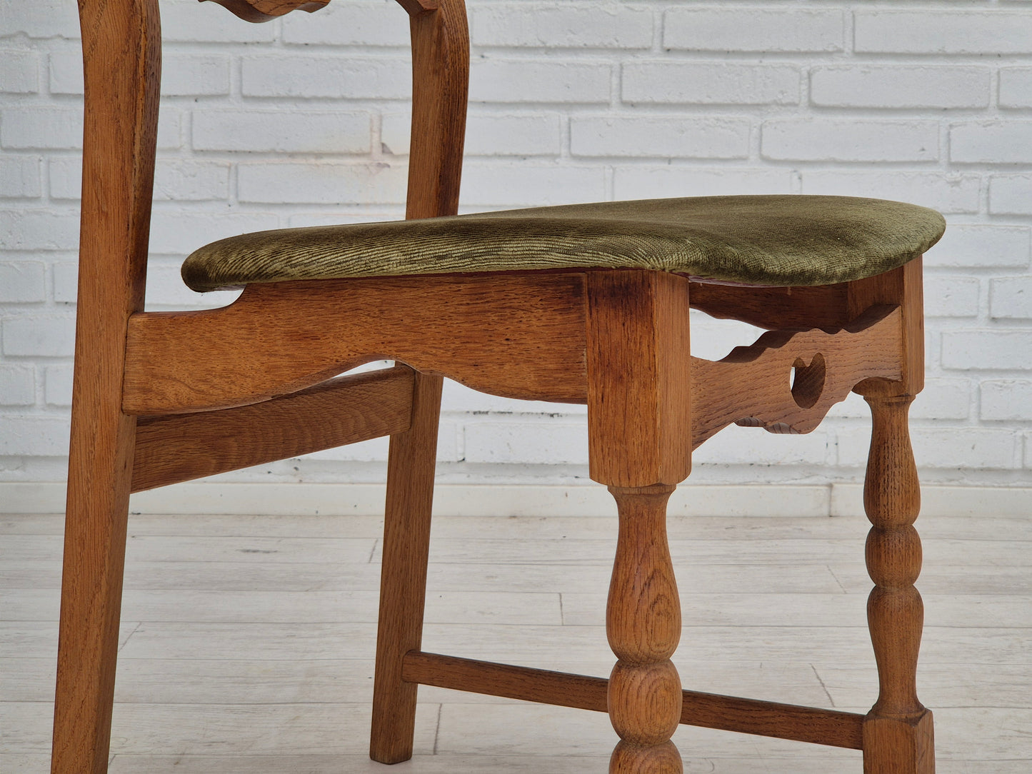 1970s, set of 4 Danish dining chairs, original condition, oak wood, furniture velour.