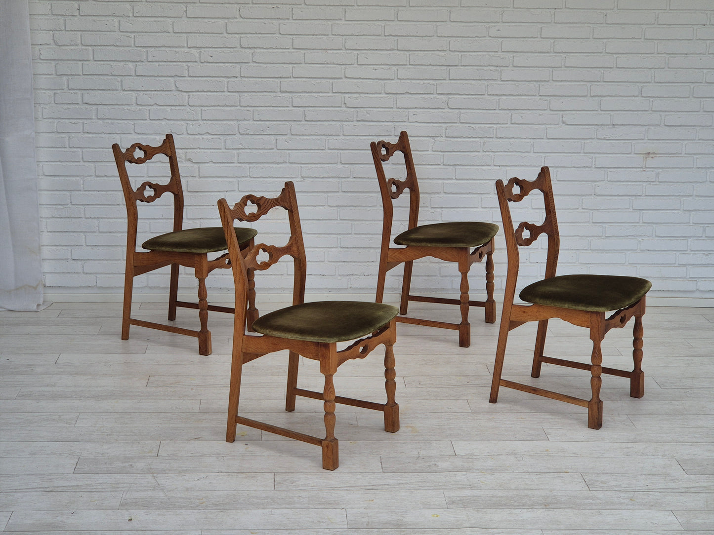 1970s, set of 4 Danish dining chairs, original condition, oak wood, furniture velour.