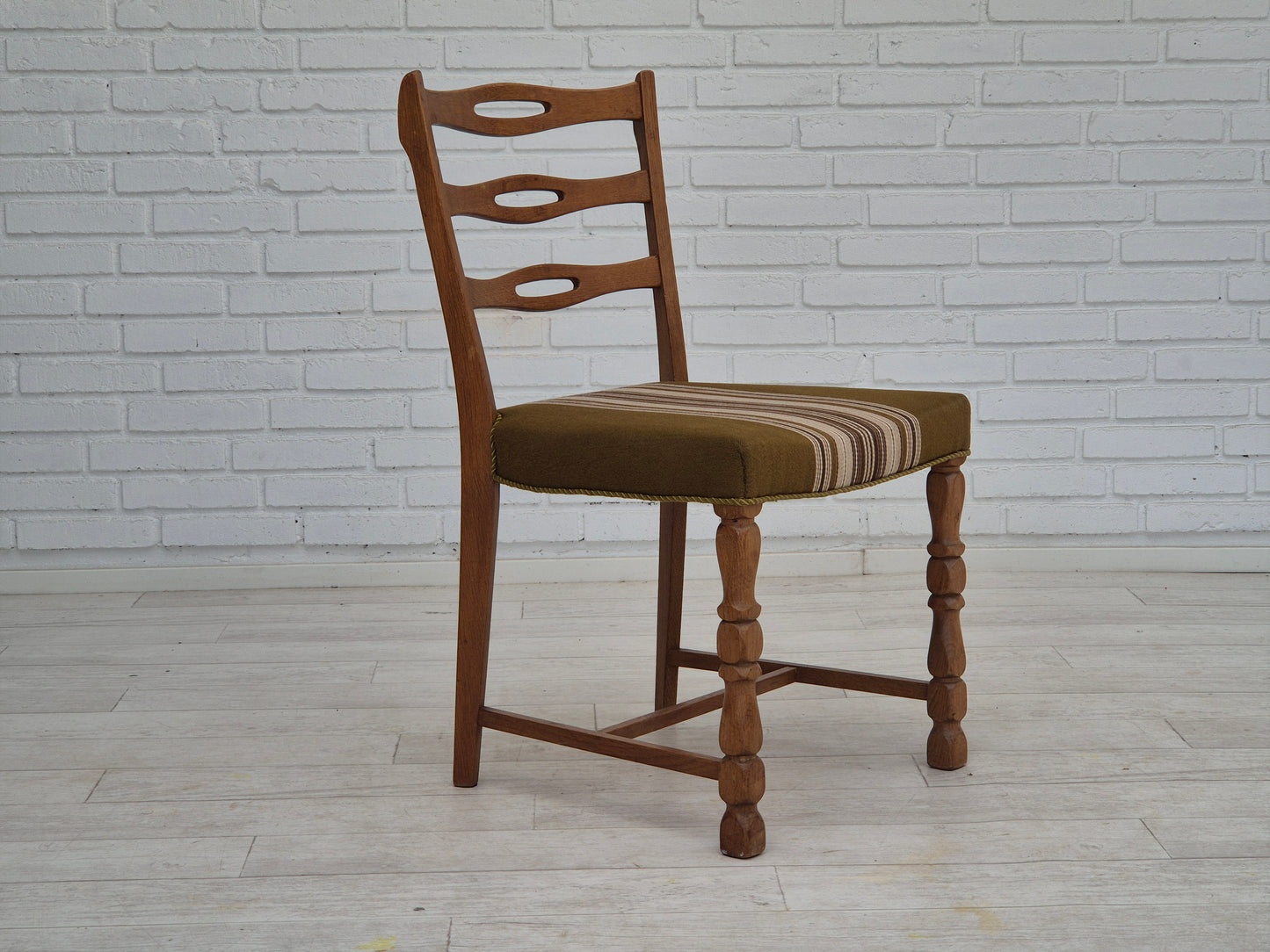 1970s, set of 4 Danish dining chairs in oak wood, green furniture wool.