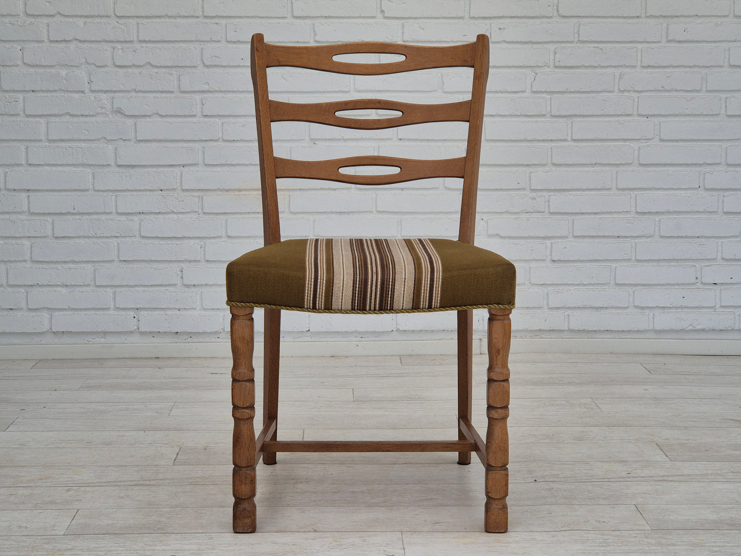 1970s, set of 4 Danish dining chairs in oak wood, green furniture wool.