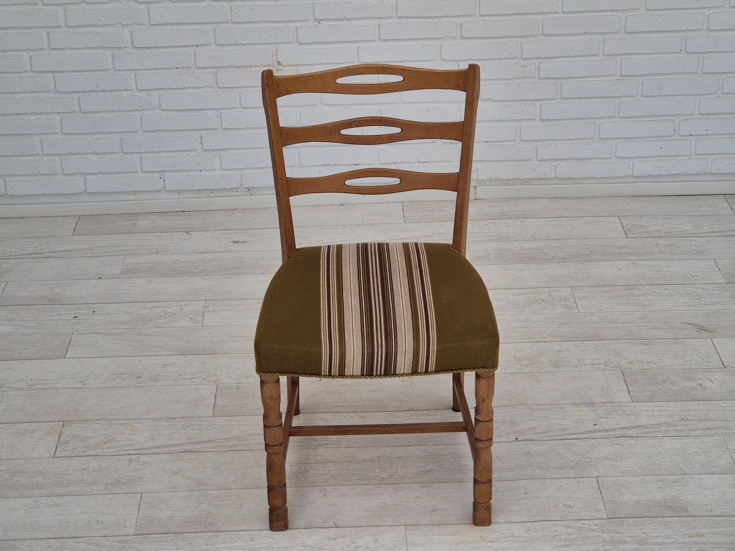 1970s, set of 4 Danish dining chairs in oak wood, green furniture wool.