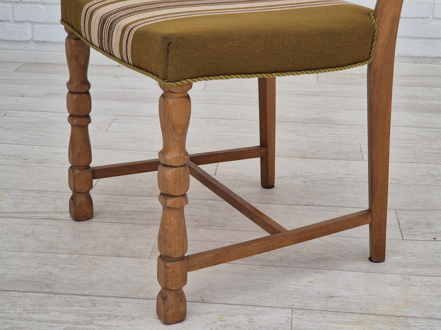 1970s, set of 4 Danish dining chairs in oak wood, green furniture wool.