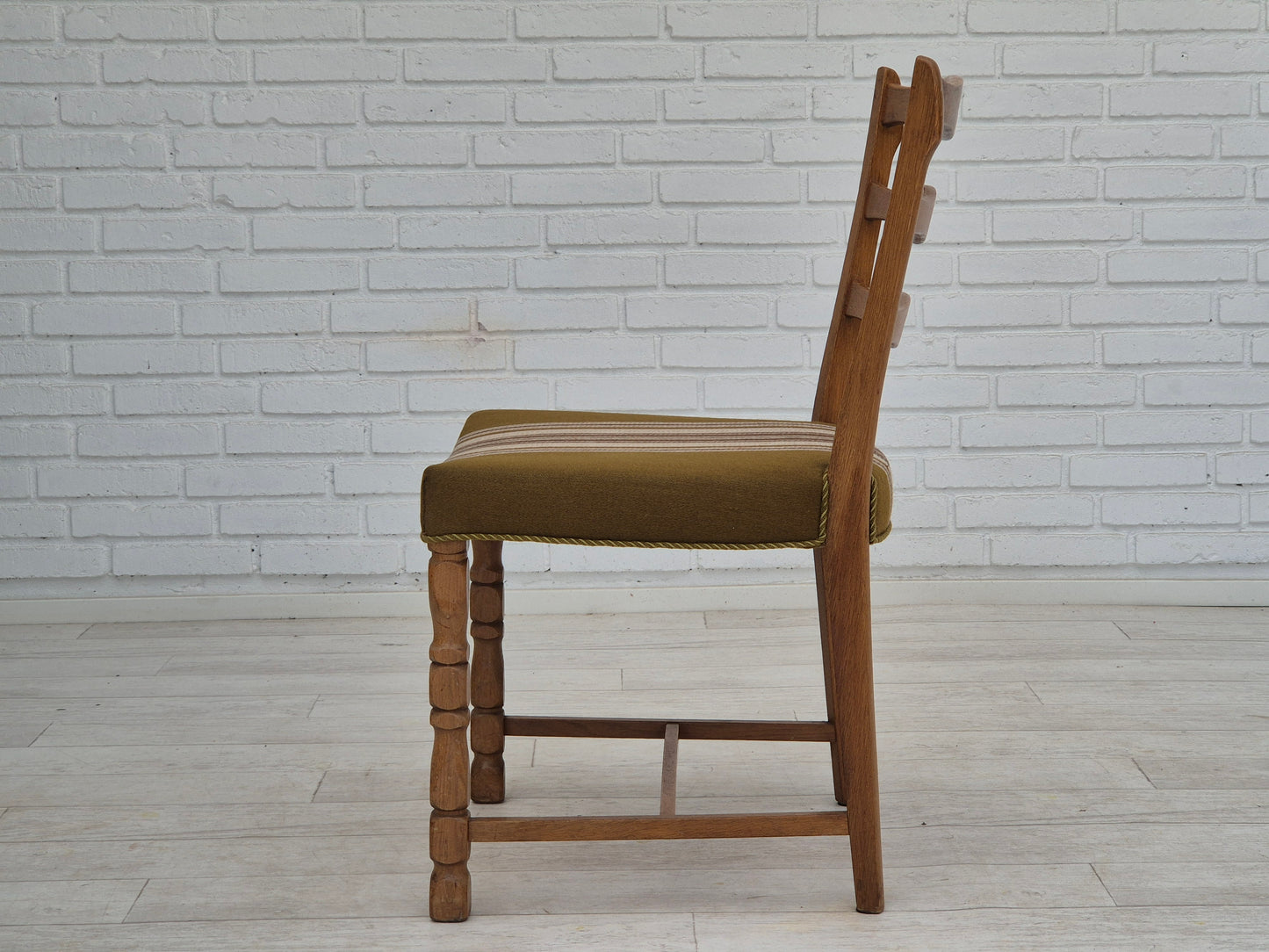 1970s, set of 4 Danish dining chairs in oak wood, green furniture wool.