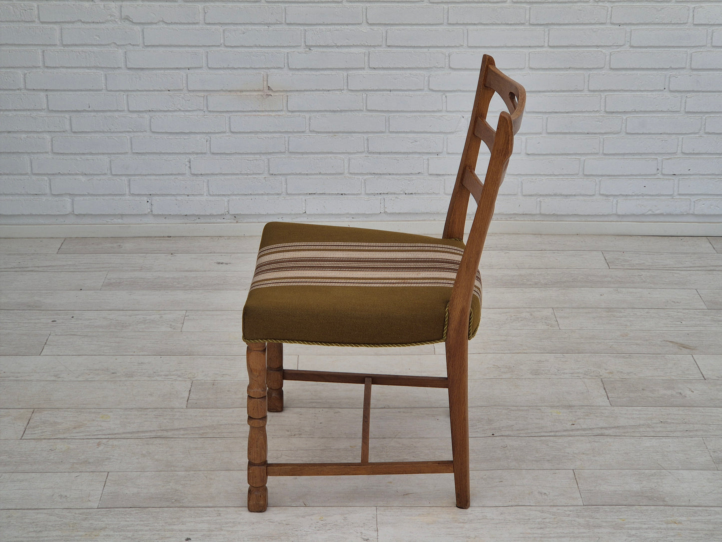 1970s, set of 4 Danish dining chairs in oak wood, green furniture wool.