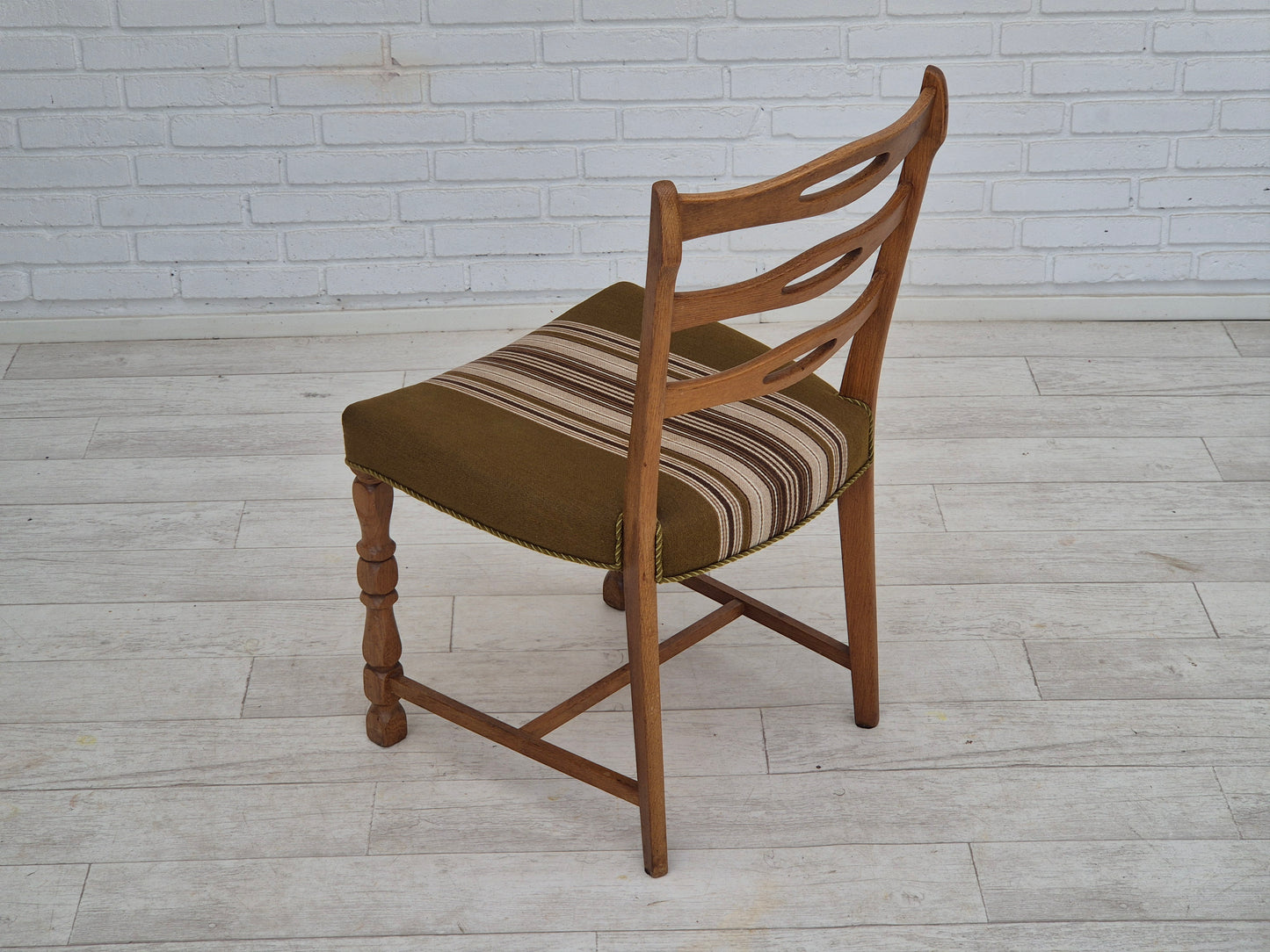 1970s, set of 4 Danish dining chairs in oak wood, green furniture wool.