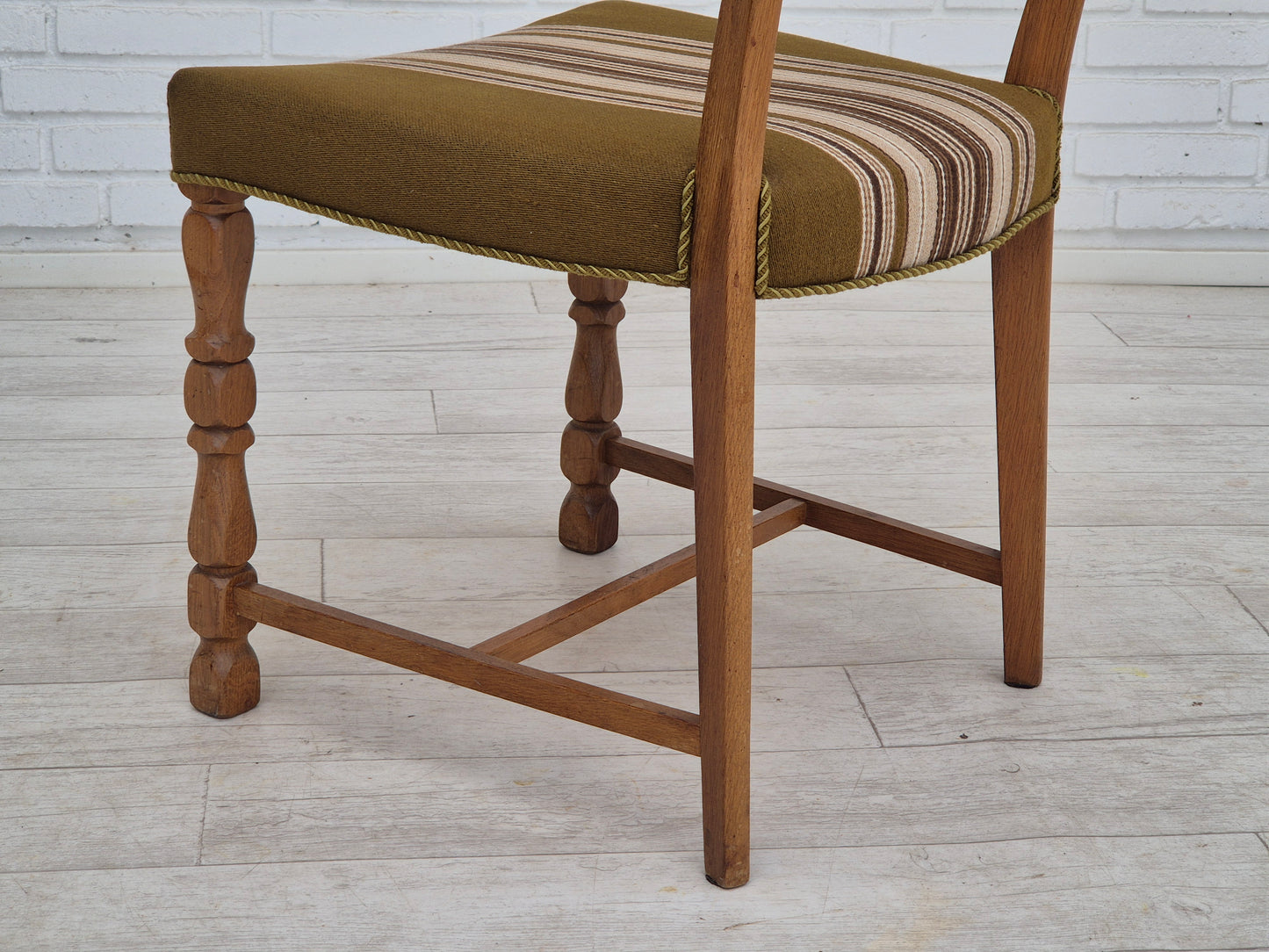 1970s, set of 4 Danish dining chairs in oak wood, green furniture wool.