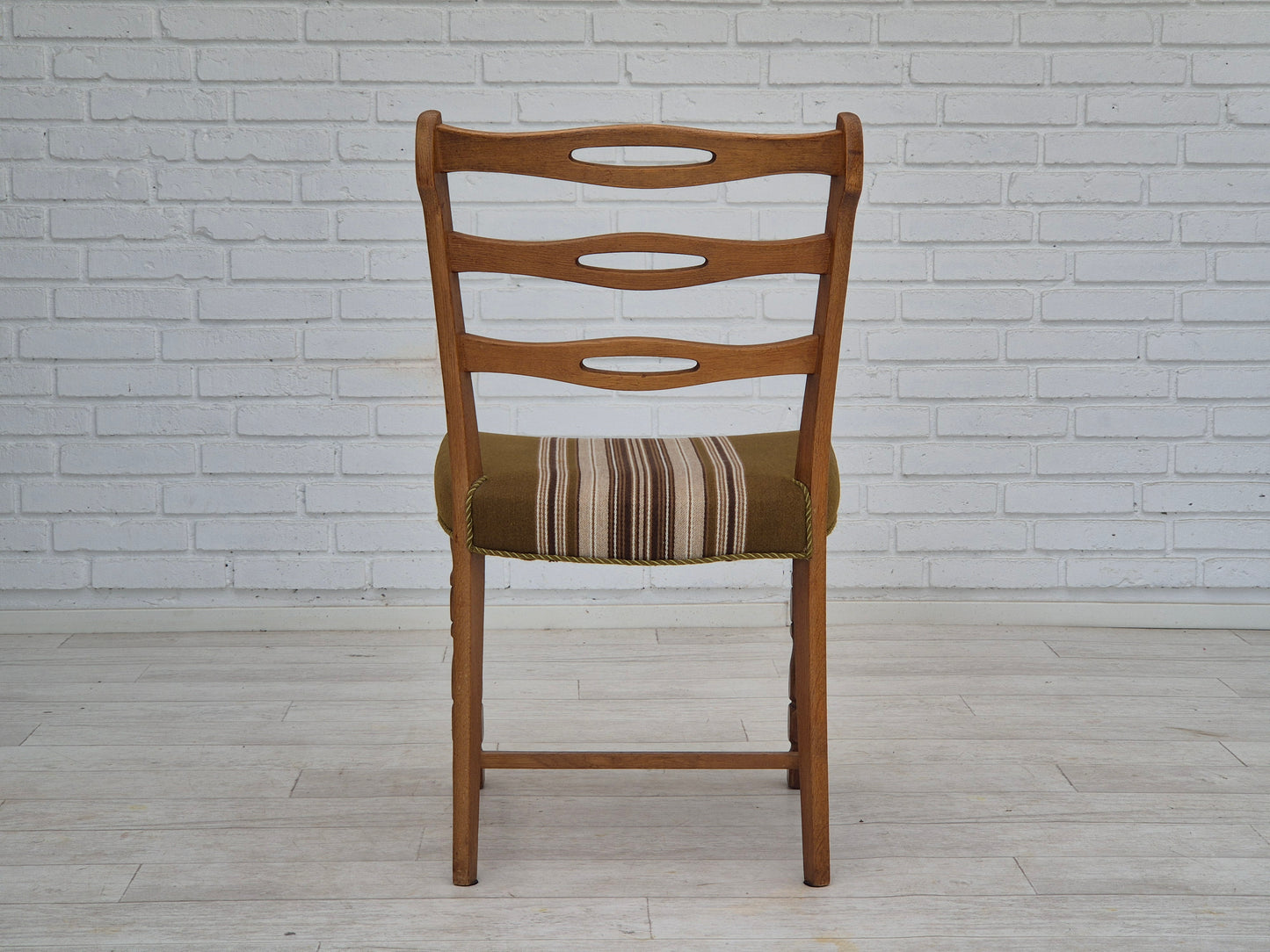 1970s, set of 4 Danish dining chairs in oak wood, green furniture wool.