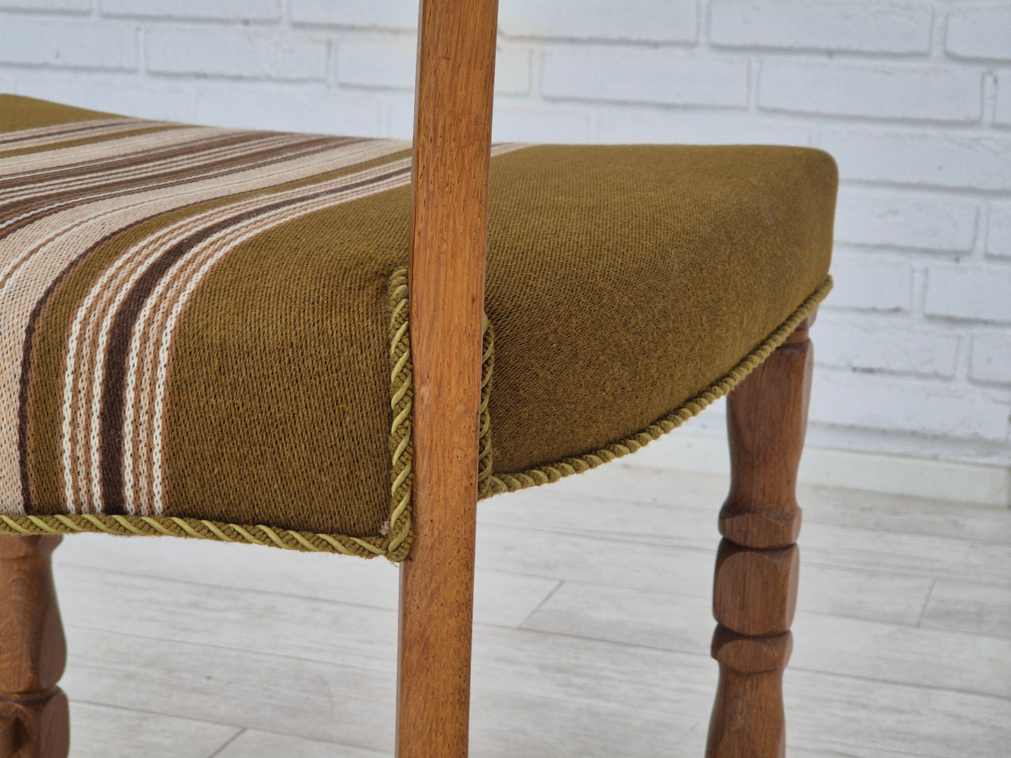 1970s, set of 4 Danish dining chairs in oak wood, green furniture wool.