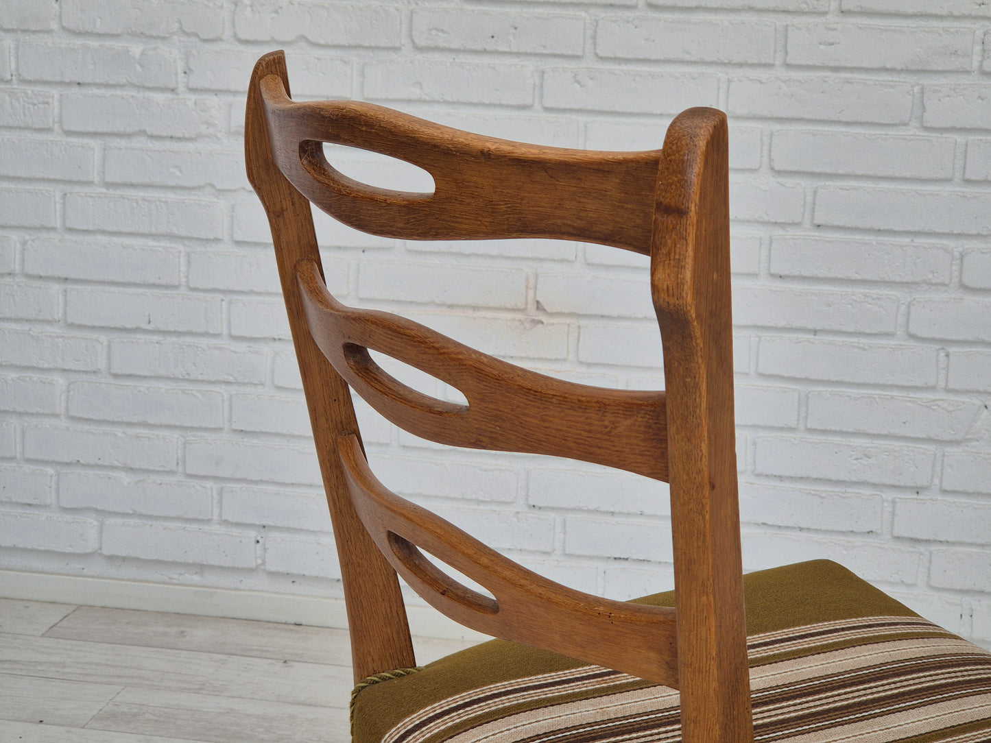 1970s, set of 4 Danish dining chairs in oak wood, green furniture wool.