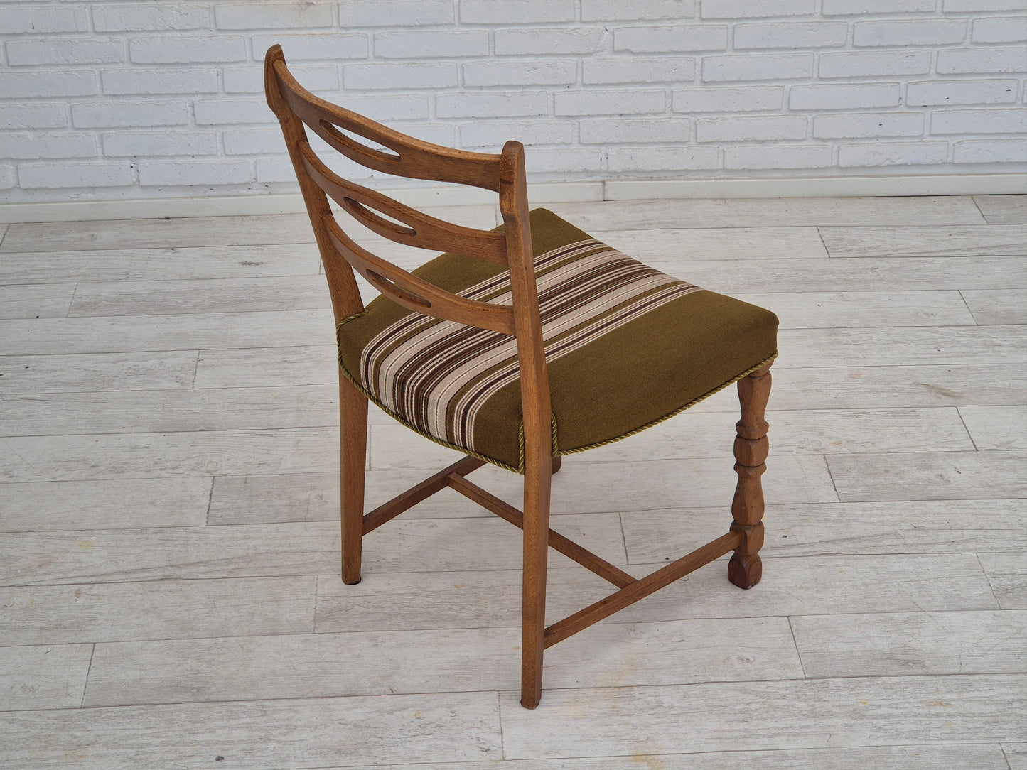 1970s, set of 4 Danish dining chairs in oak wood, green furniture wool.