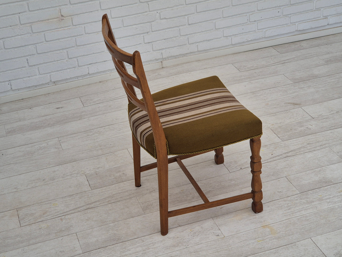 1970s, set of 4 Danish dining chairs in oak wood, green furniture wool.