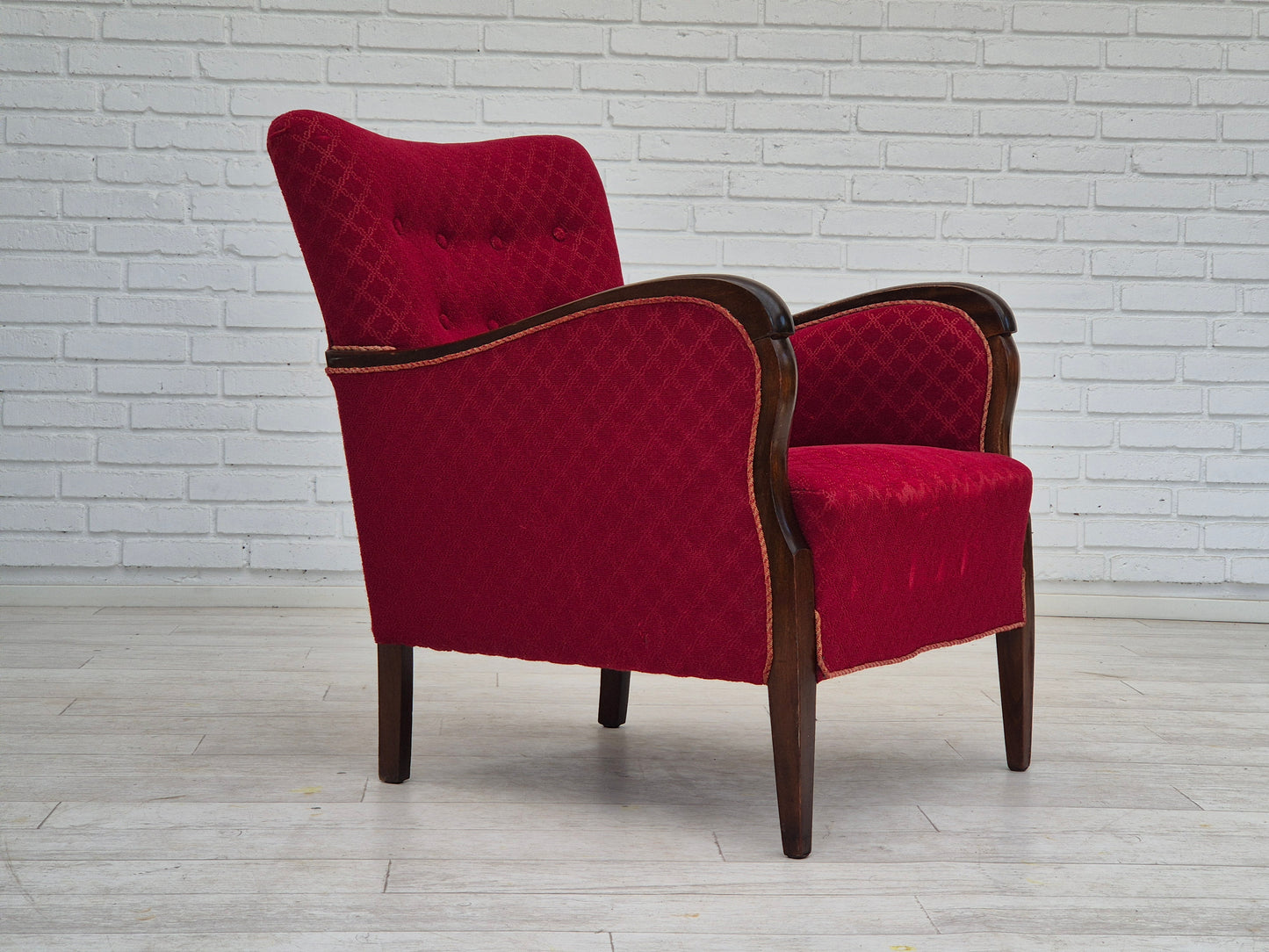 1950s, Danish design, armchair, original condition, red cotton-wool fabric.