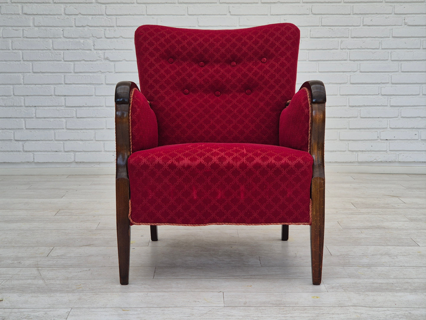 1950s, Danish design, armchair, original condition, red cotton-wool fabric.