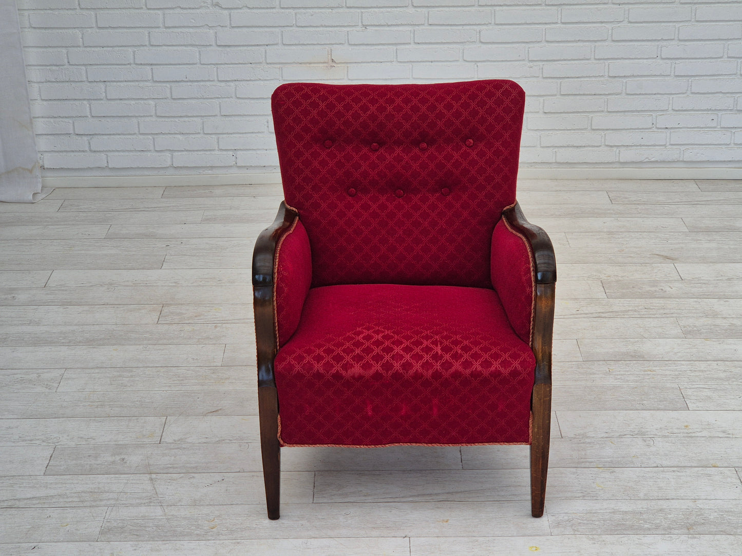 1950s, Danish design, armchair, original condition, red cotton-wool fabric.