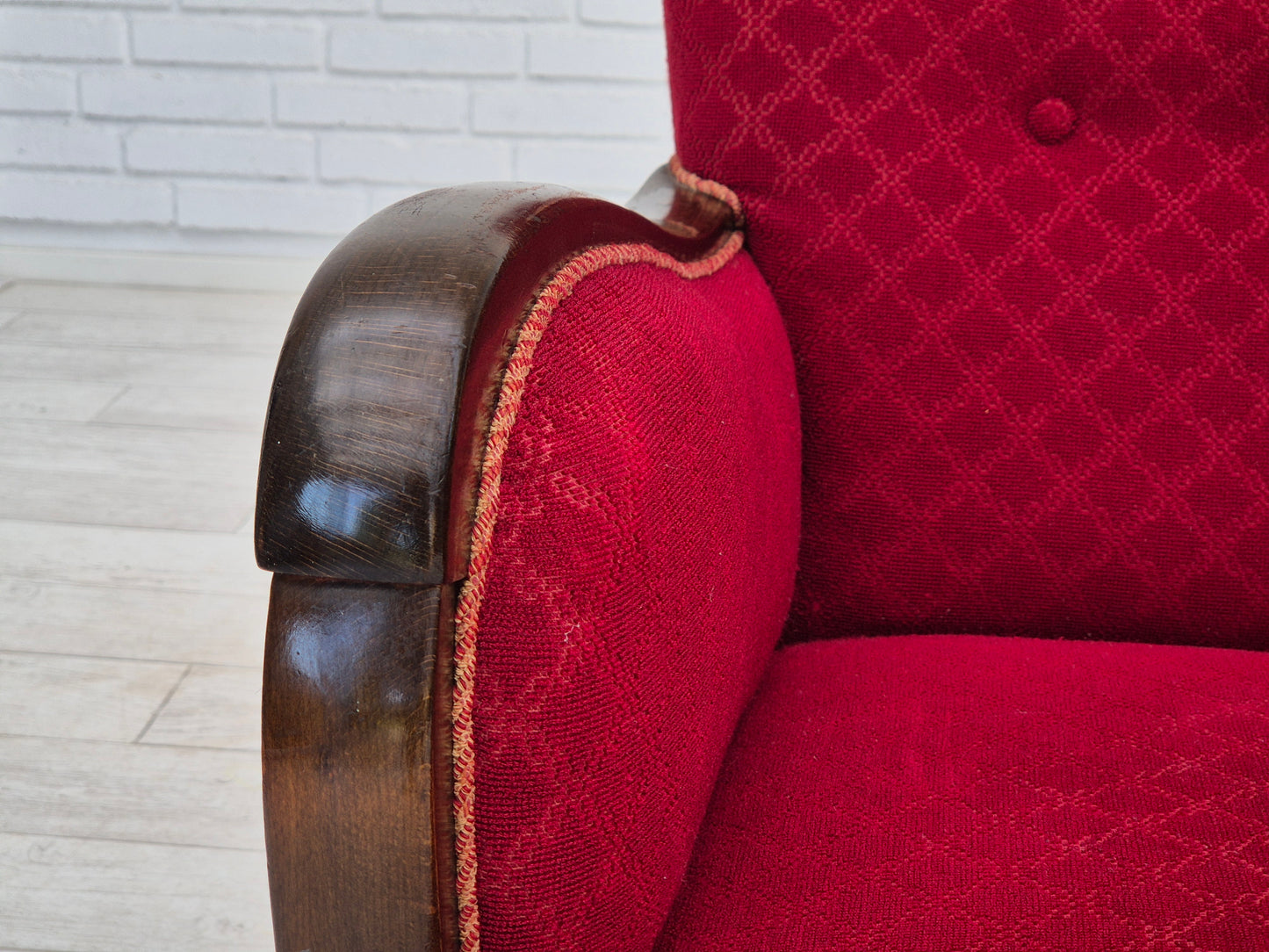 1950s, Danish design, armchair, original condition, red cotton-wool fabric.