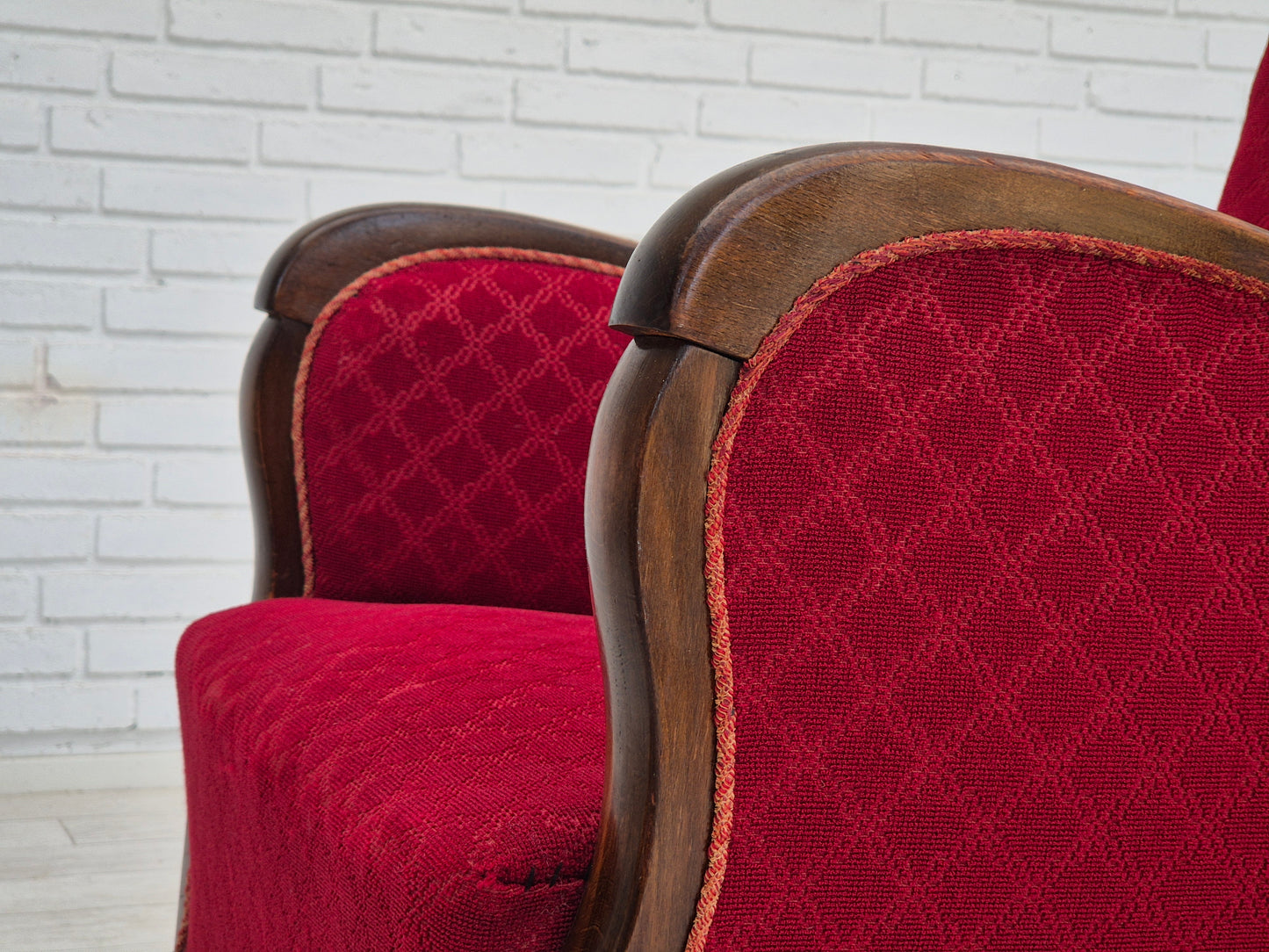 1950s, Danish design, armchair, original condition, red cotton-wool fabric.