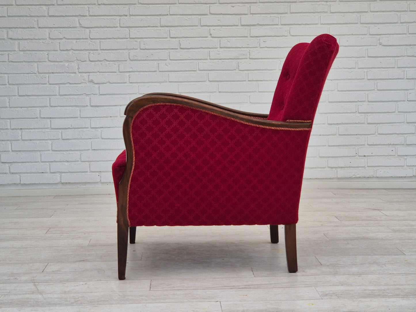 1950s, Danish design, armchair, original condition, red cotton-wool fabric.