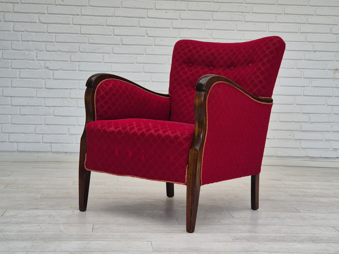 1950s, Danish design, armchair, original condition, red cotton-wool fabric.