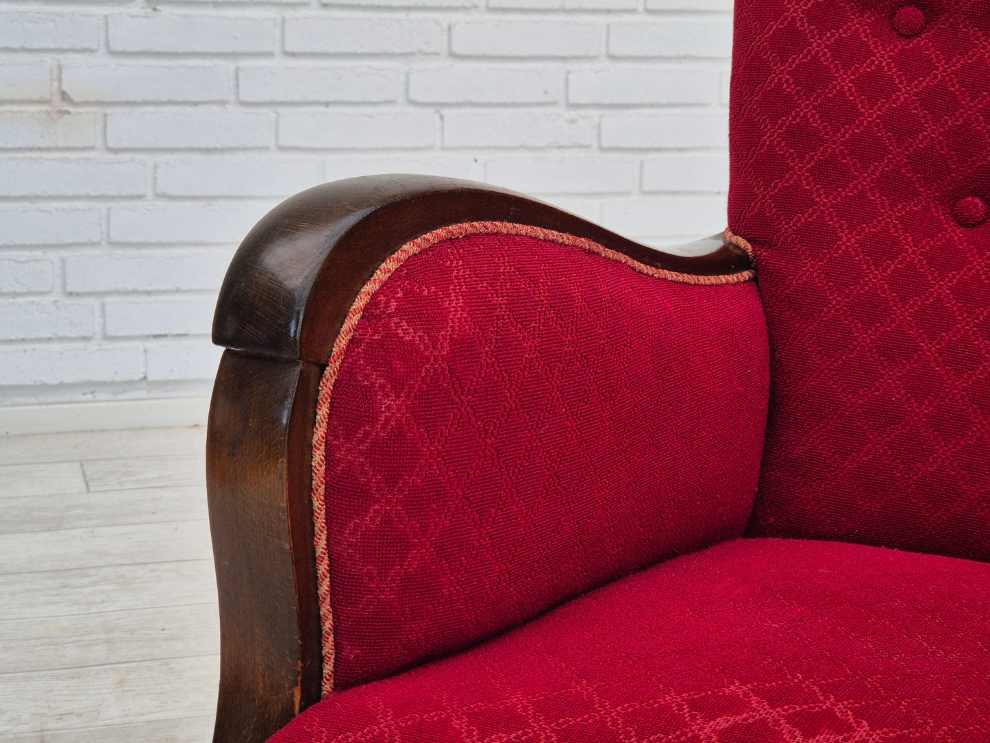 1950s, Danish design, armchair, original condition, red cotton-wool fabric.