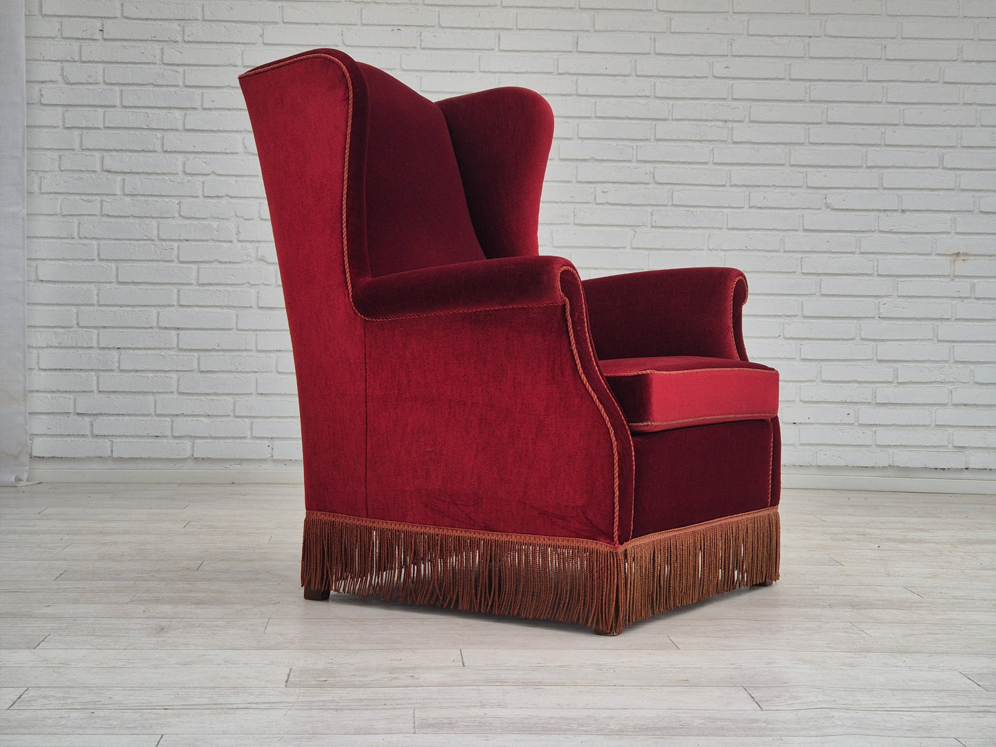 1970s, Danish highback wingback armchair, original condition, furniture velour, ash wood.