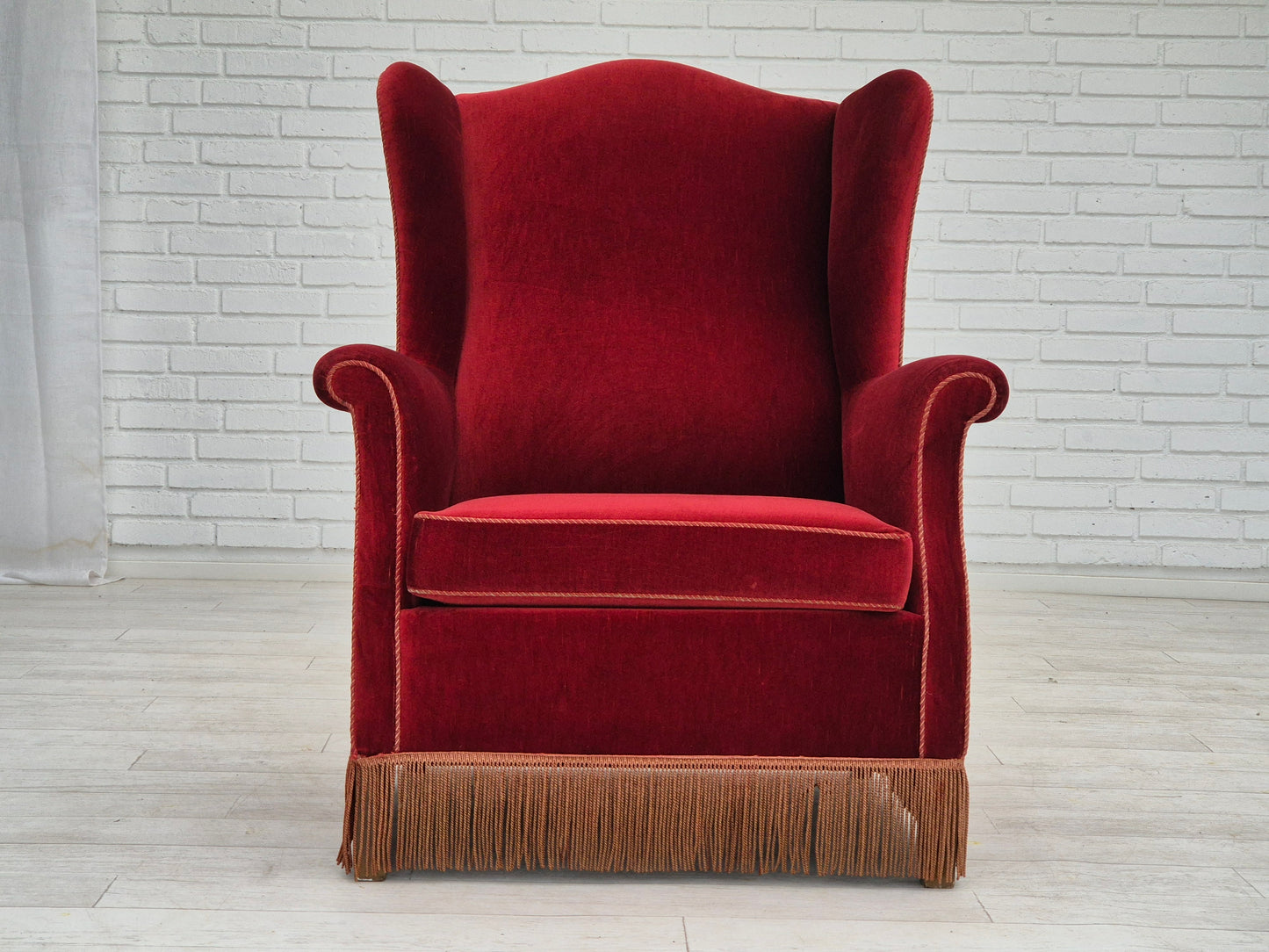 1970s, Danish highback wingback armchair, original condition, furniture velour, ash wood.