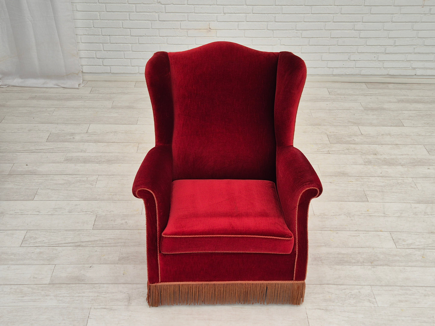 1970s, Danish highback wingback armchair, original condition, furniture velour, ash wood.