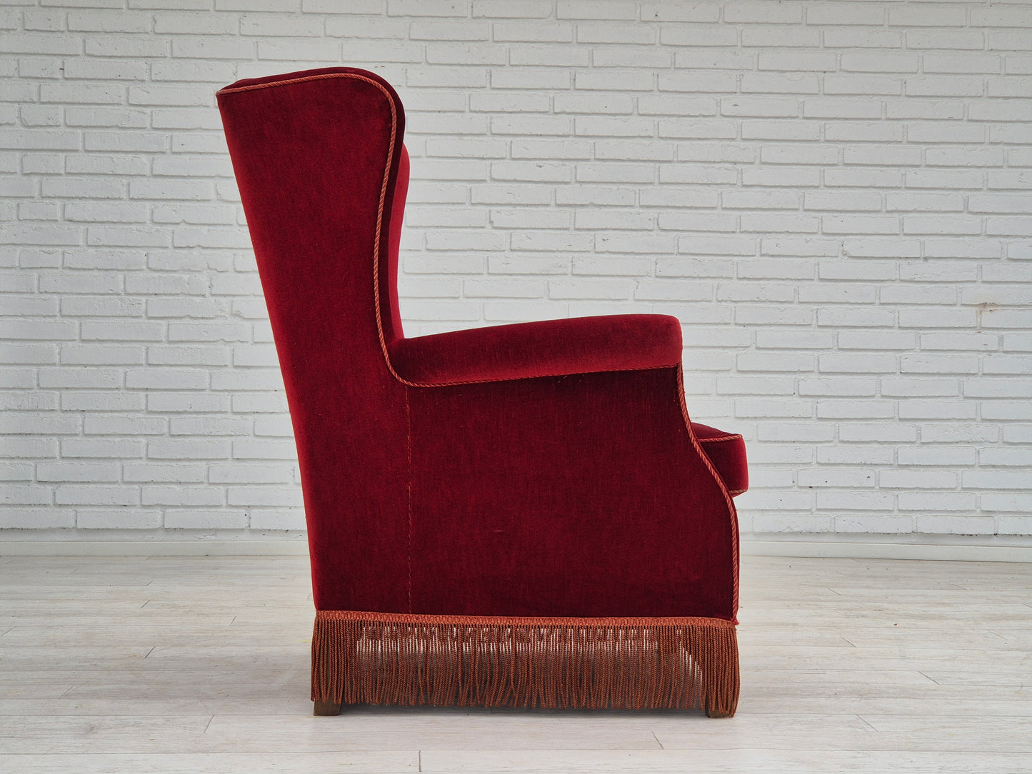 1970s, Danish highback wingback armchair, original condition, furniture velour, ash wood.