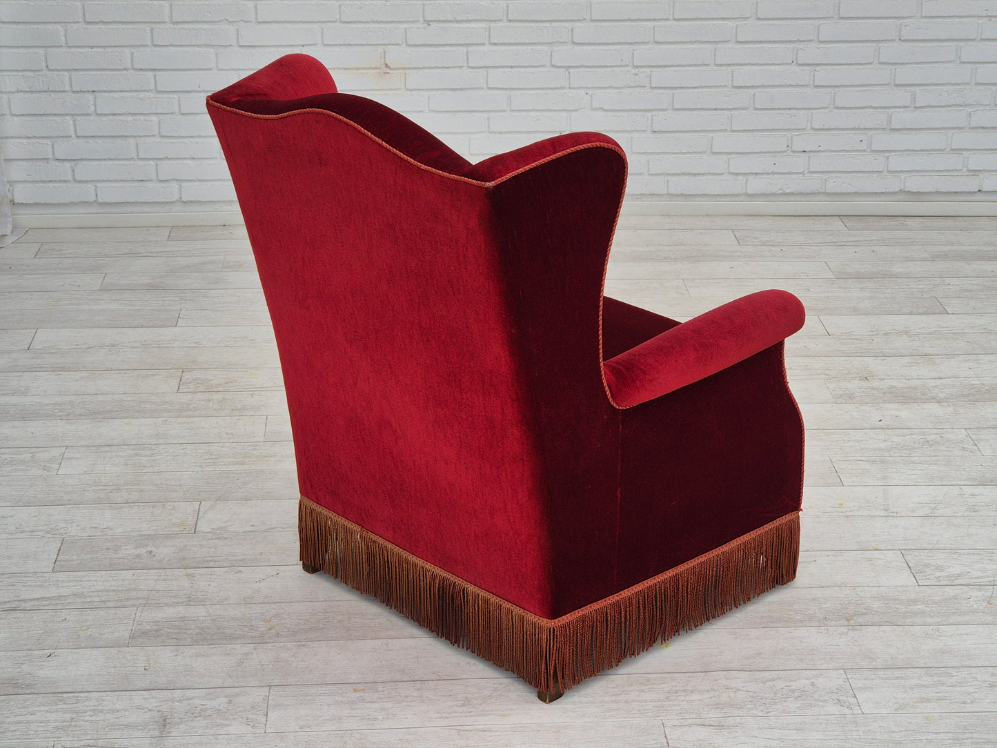 1970s, Danish highback wingback armchair, original condition, furniture velour, ash wood.