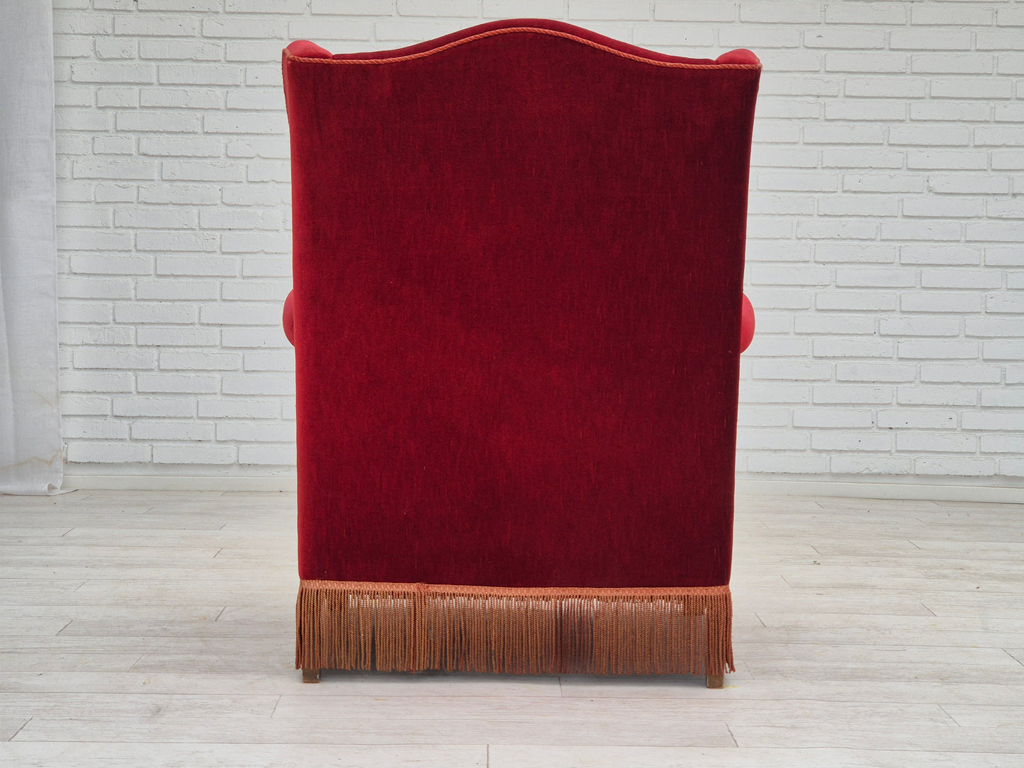 1970s, Danish highback wingback armchair, original condition, furniture velour, ash wood.